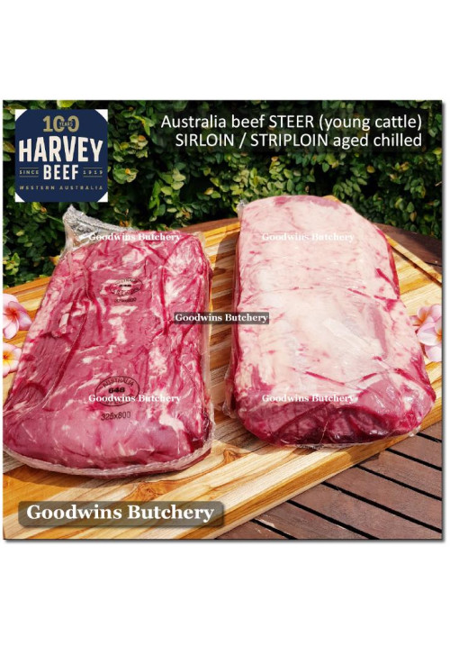 Beef Sirloin aged chilled Australia STEER young cattle HARVEY whole cuts +/- 5.5 kg/pc (price/kg) Striploin / New York Strip / Has Luar PREORDER 2-3 days notice